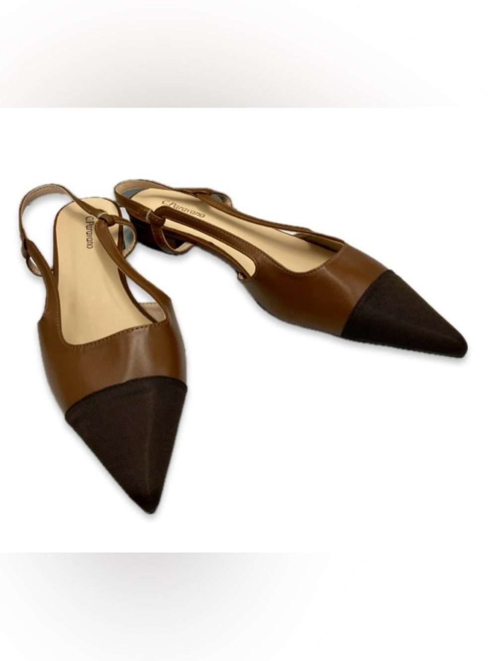 Brown Pointed-Toe Slingback Flats with Dark Cap C. Paravano size 10.5 like new